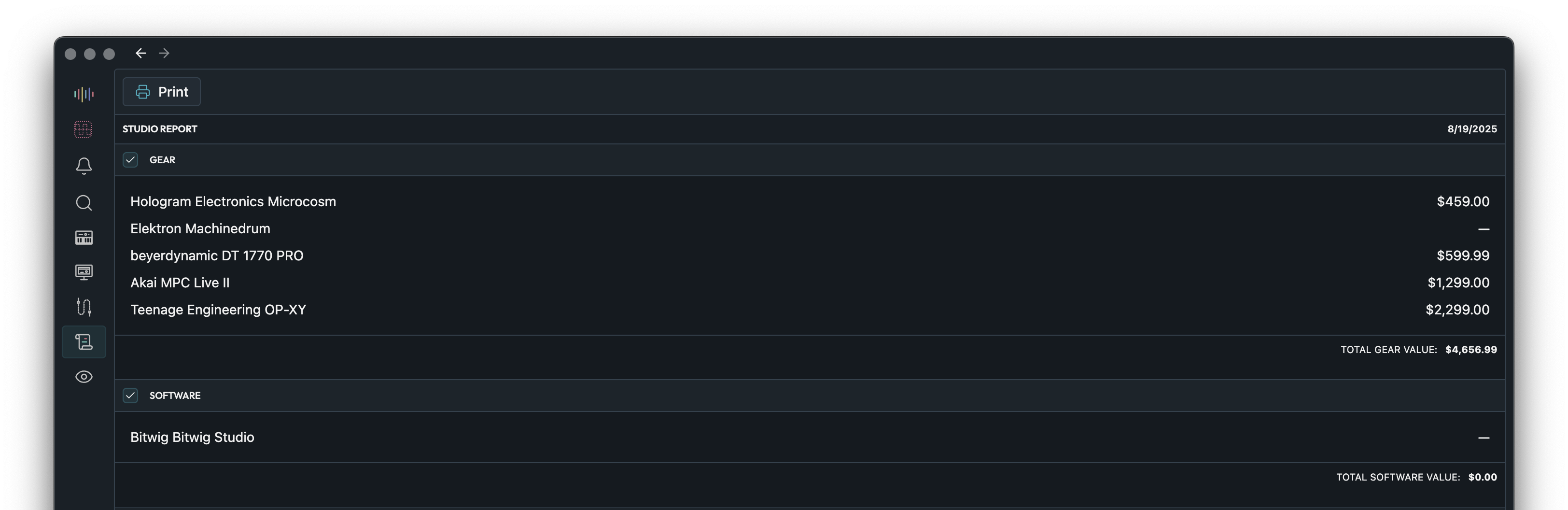 Studio report showing gear inventory and valuation