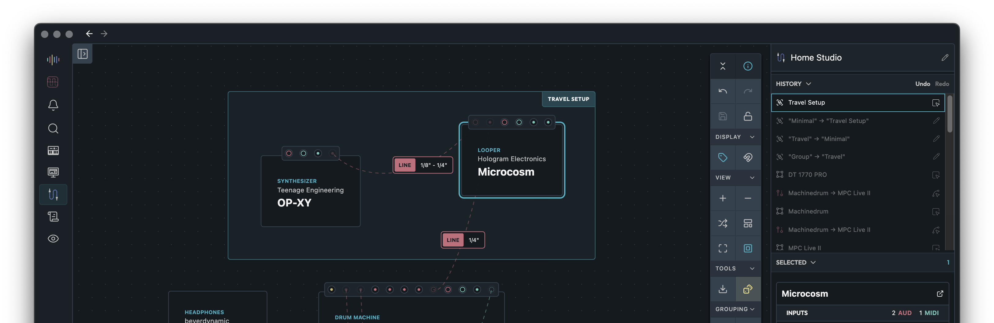 Visual setup designer showing connected studio gear